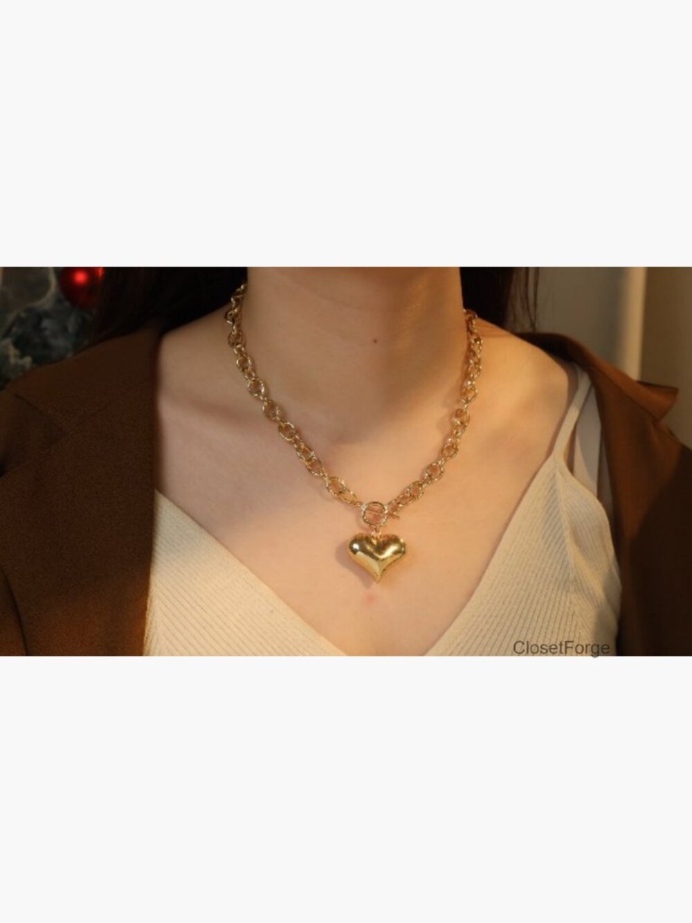 14K Gold Plated Chunky Heart Pendant Necklace with Toggle Clasp Hypoallergenic - Picture 7 of 7